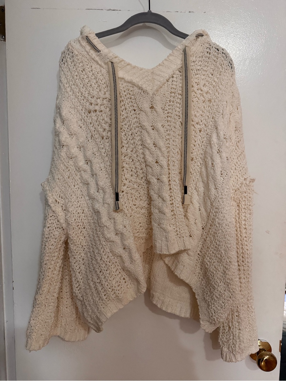 POL Cream Cable-Knit Hooded Poncho Sweater